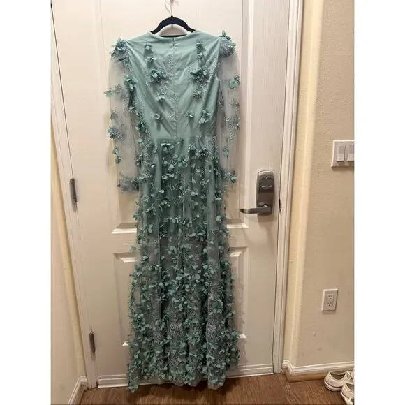 Helsi 3D Floral Appliqu Mesh Maxi Dress Green Sheer Long Sleeve Size XS  NWT Women